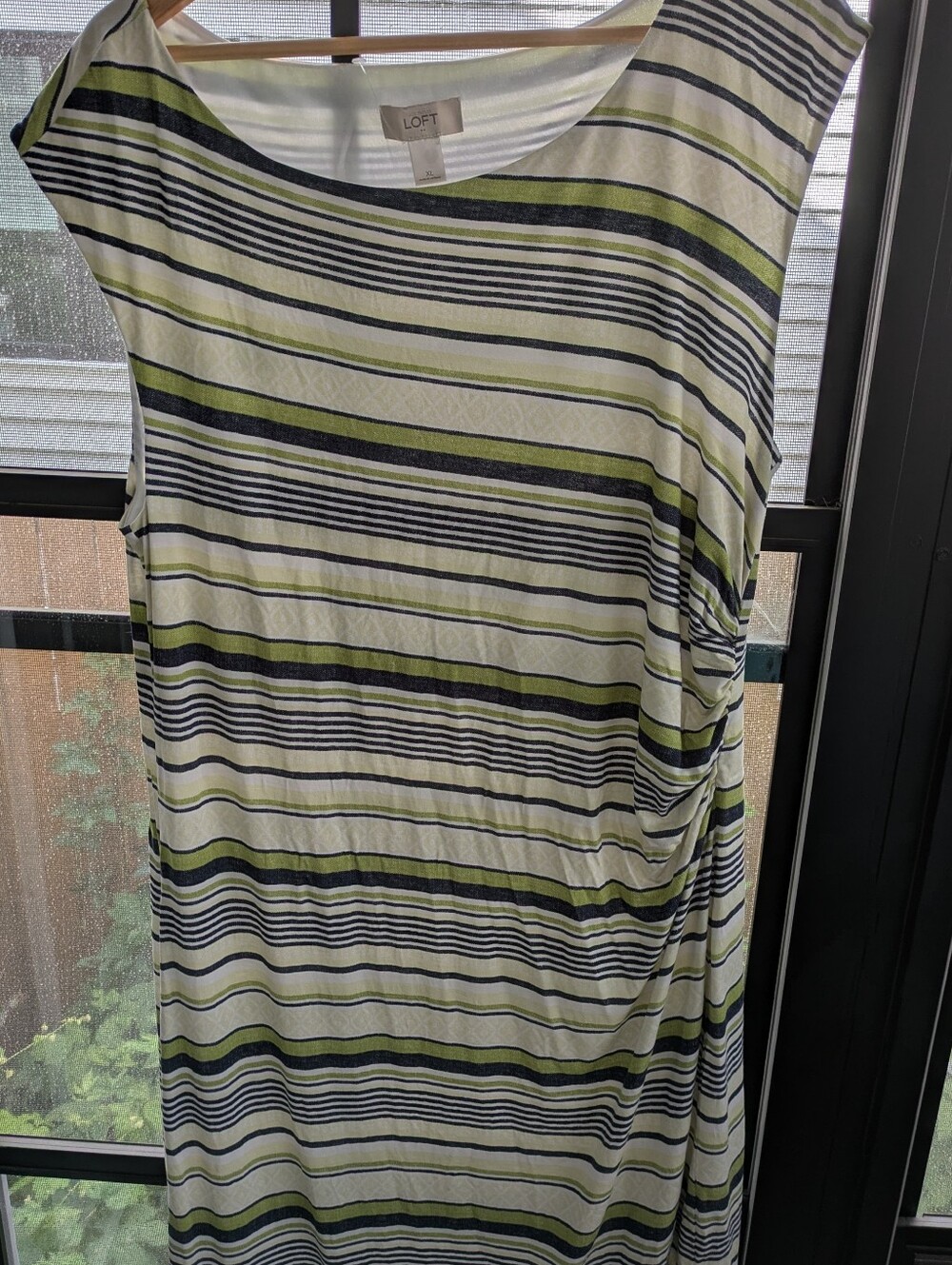LOFT Shift Dress With Asymmetrical Ruching, White/Navy/Green Stripe